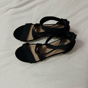 Black and tan espadrilles with cork wedge and ankle strap